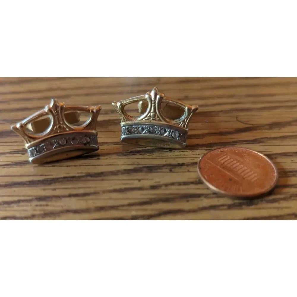 Vintage Anson Crown Cufflinks Rhinestone Gold Tone Crown King Retro Mens Jewelry